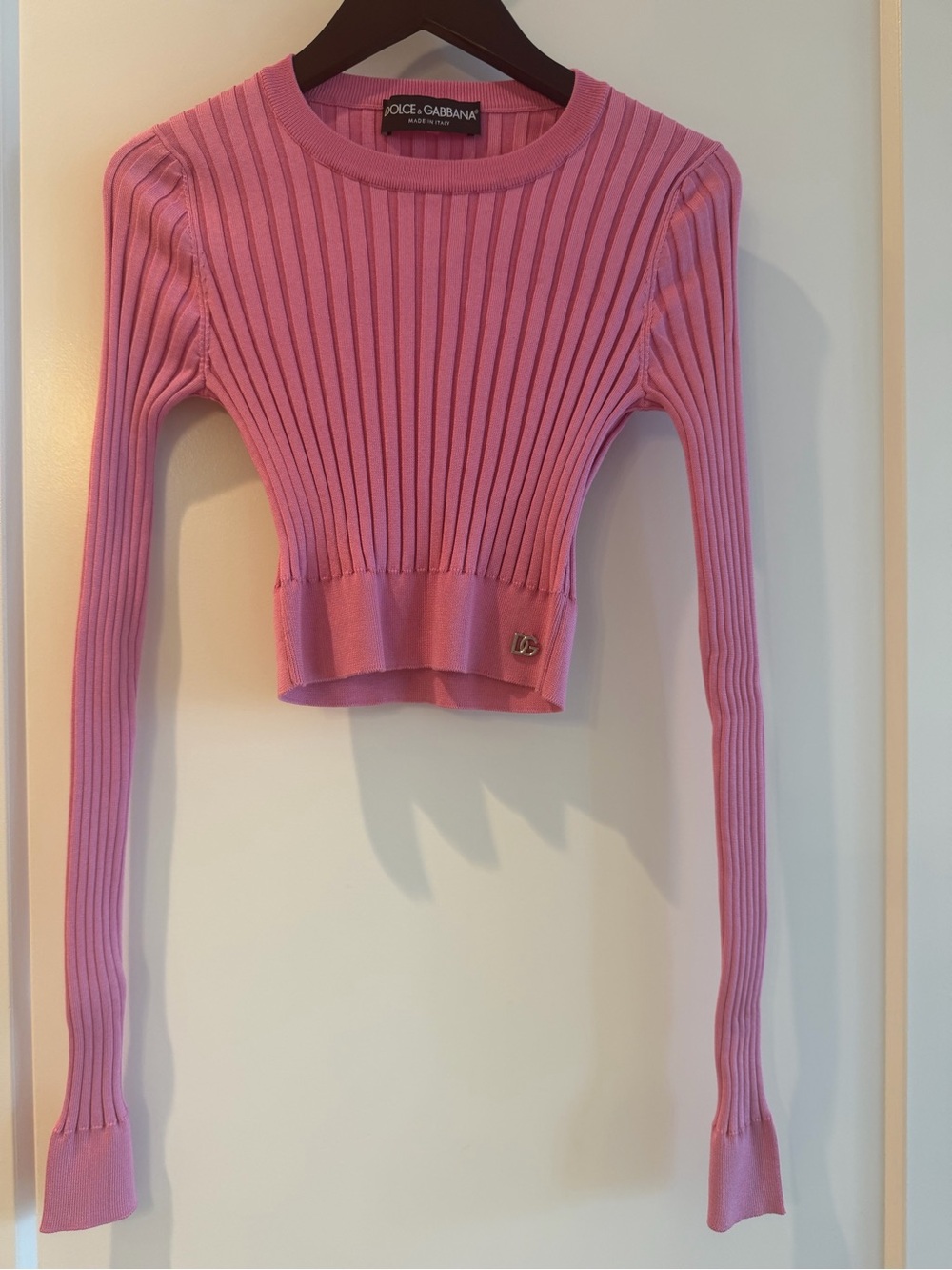 Dolce & Gabbana Pink Ribbed Long-Sleeve Crop Top